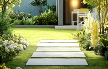 Obraz premium Beautiful garden pathway leads to a modern outdoor dining area in a sunny backyard