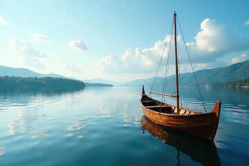 Small wooden boat in calm waters of Lake Ladoga, vessel, sailing