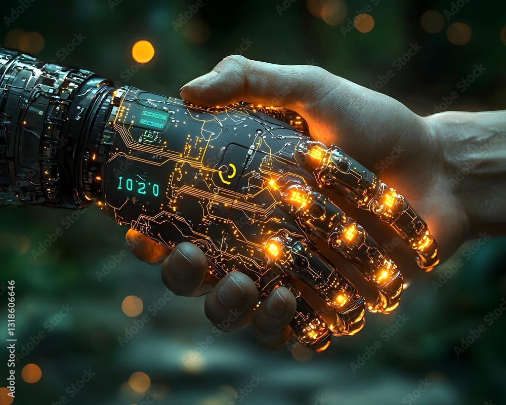 Poster the dynamic connection between robot and human symbolizes the fusion of technology and intelligence