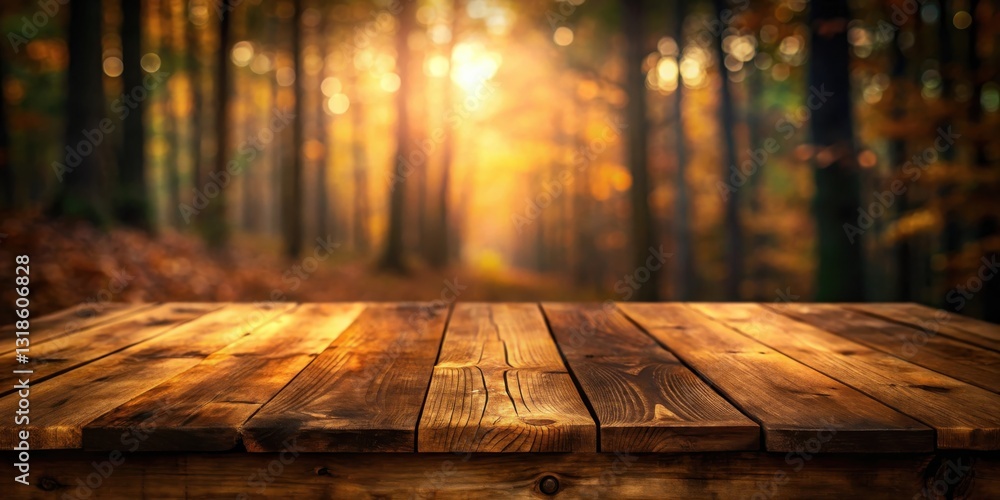 Poster a rustic wooden tabletop with a blurred background of a golden autumn forest