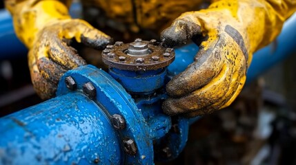 Worker fixes a blue valve in the rain, demonstrating dedication