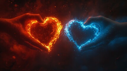 Two hands create hearts of fire and ice, representing love's dual nature