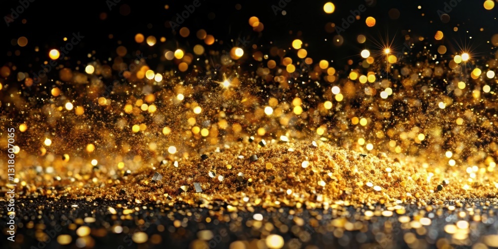 Poster a shimmering pile of golden glitter on a black background with sparkling lights and bokeh effects.