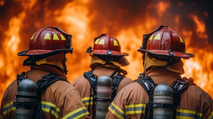 Three brave firefighters unite to combat a massive blaze, displaying courage and teamwork