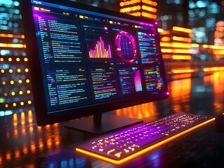 Vibrant Glowing Job Application Portal on Computer Screen with Resumes and Data Analytics