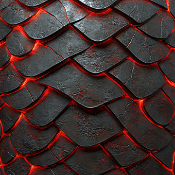 Metallic dragon scales glowing lava cracks volcanic rock texture dark fiery reptilian armor intricate fantasy creature rugged molten background mythical beast skin epic fantasy powerful legendary