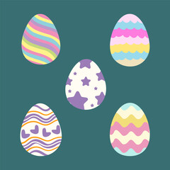 Five Easter eggs with various patterns and colors stripes, polka dots, stars, and waves on a teal background.