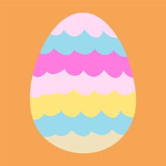 Easter egg with wavy stripes in pastel colors pink, blue, yellow on a light orange background