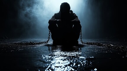 Obraz premium A lone figure in chains sits in darkness, shrouded by mist that deepens the feeling of isolation