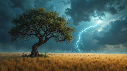 A single tree in a field and an angry sky