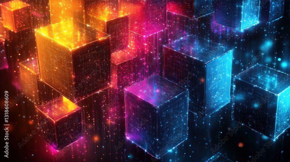 Poster vibrant abstract digital cubes illuminated in neon colors with glowing particles in the background