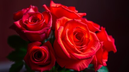 Naklejka premium Scarlet Roses: A close-up of a vibrant bouquet of scarlet roses, their velvety petals fully unfurled, displaying a deep red hue, radiating warmth and passion.