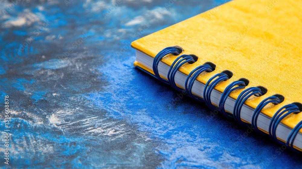 Poster a yellow notebook with blue binding on a textured surface