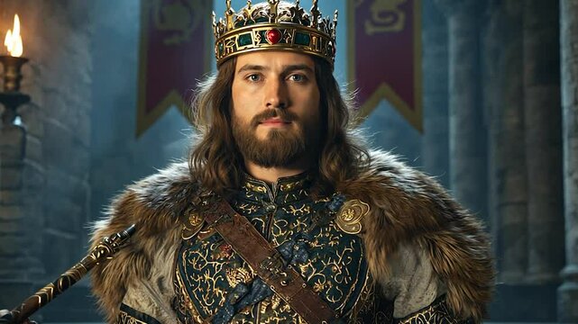 M&eacute;rovingian king standing in a dimly lit medieval castle, wearing a fur-lined royal cloak and a golden crown, exuding power and nobility.