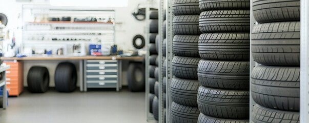 Organized stacks of tires neatly arranged inside a garage interior setting