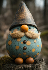 Wooden toy gnome with big eyes on blurred background.