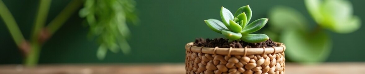 Obraz premium Small succulent plant on a woven basket planter, succulents, nature, houseplants