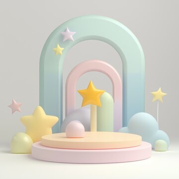 Pastel colored geometric podium with Alkaid in a playful artistic setting for display