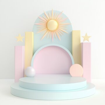 Pastel geometric podium featuring Alkaid for artistic display in a creative space