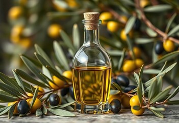 Squalane oil in elegant glass bottle, olive branches, squalane, nature