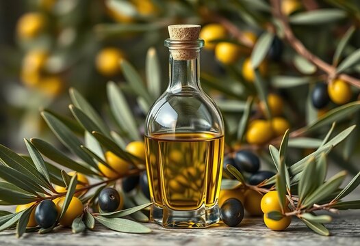 Squalane oil in elegant glass bottle, olive branches, squalane, nature
