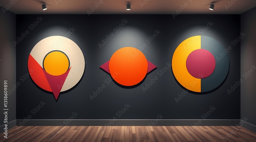 Poster geometric abstraction: a minimalist display featuring three vibrant, circular abstract artworks with