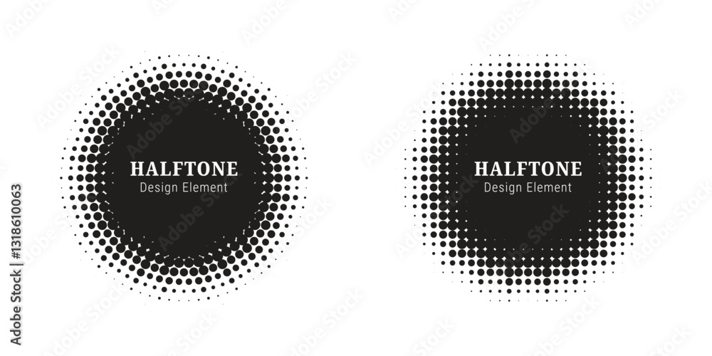 Poster Halftone circle frame background set. Round border Icon using halftone random circle. Grunge circular stain. Vector illustration.