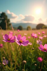 Fototapeta premium Cosmos bipinnatus in a field with tall grass and sun, flowers, earthy