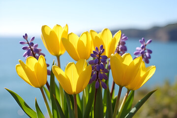 Fototapeta premium Joyful spring bouquet of yellow tulips and purple hyacinths against a serene ocean backdrop, celebrating nature's beauty 