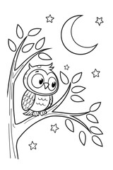 Cute Big-Eyed Owl Sitting on Tree Branch with Moon and Stars – Kids’ Coloring Page, Owl Coloring Page, Owl Sitting on Branch, Cute Owl and Moon Drawing
