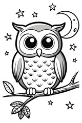 Cute Big-Eyed Owl Sitting on Tree Branch with Moon and Stars – Kids’ Coloring Page, Owl Coloring Page, Owl Sitting on Branch, Cute Owl and Moon Drawing










