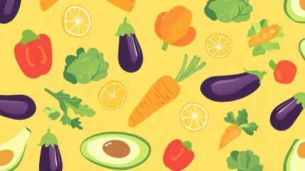 A playful, scattered mix of organic vegetables like avocados, carrots, and eggplants on a solid yellow background, perfect for a modern, fresh food concept.