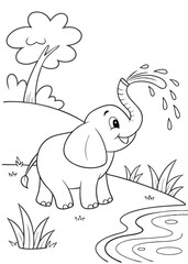 Cute Baby Elephant Coloring Page – Spraying Water Near Pond Vector, Baby Elephant Coloring Page, Elephant Near Pond Drawing, Cartoon Elephant Outline
