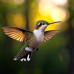 Fototapeta premium Hummingbird in Flight for Forest Sunset.