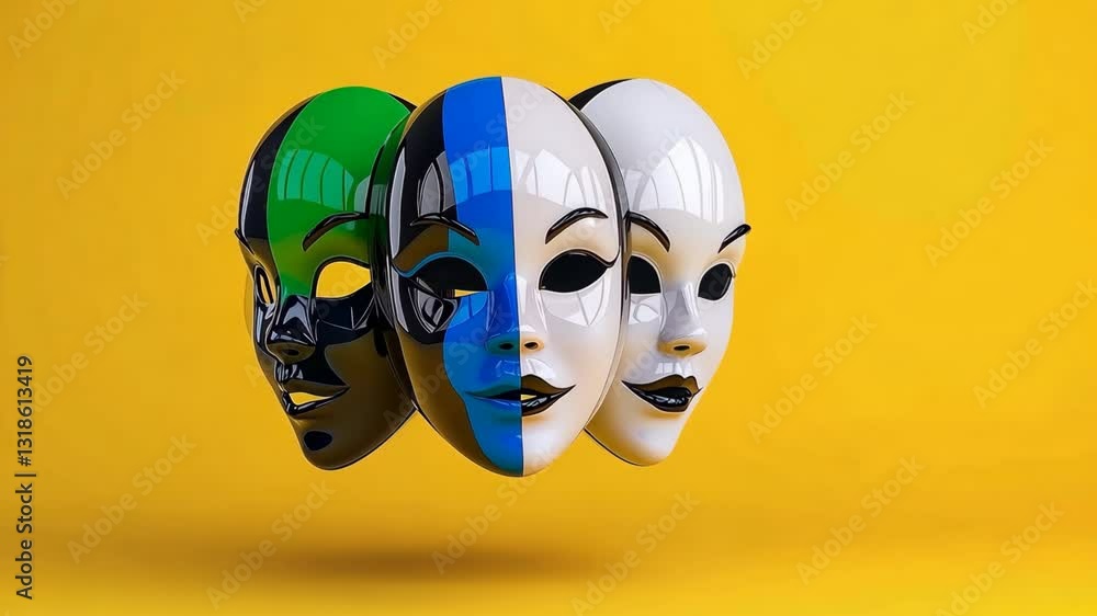 Poster three masks of women with one of them having a green stripe on it. the masks are floating in the air