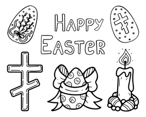Set Happy Easter. Hand drawn doodle. Egg decorated with bow. Eggs with ornament. Cross, burning candle. Traditional holiday elements. Religious symbols. Vector line art illustration.