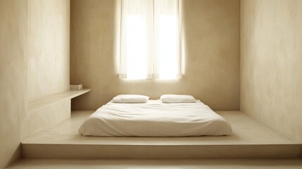 A clean and simple minimalist bedroom with a low platform bed, white linens, and neutral-colored walls.