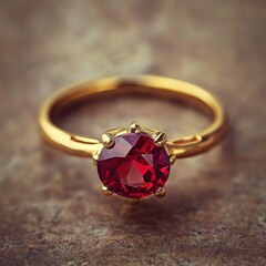 Golden ring with a round, red gemstone set atop a speckled surface