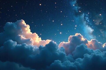 Glittering silver clouds against a midnight blue sky with gold glitter lights, light, silver