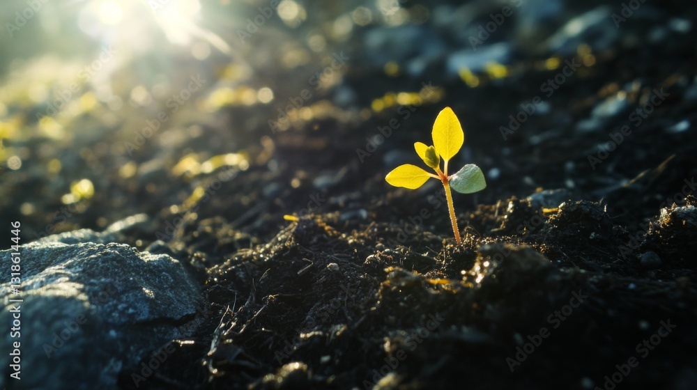 Poster a close-up of a tiny green seedling sprouting from rich, dark soil with morning sunlight shining thr