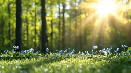Fototapeta premium Sunlight filtering through green trees onto blooming flowers.