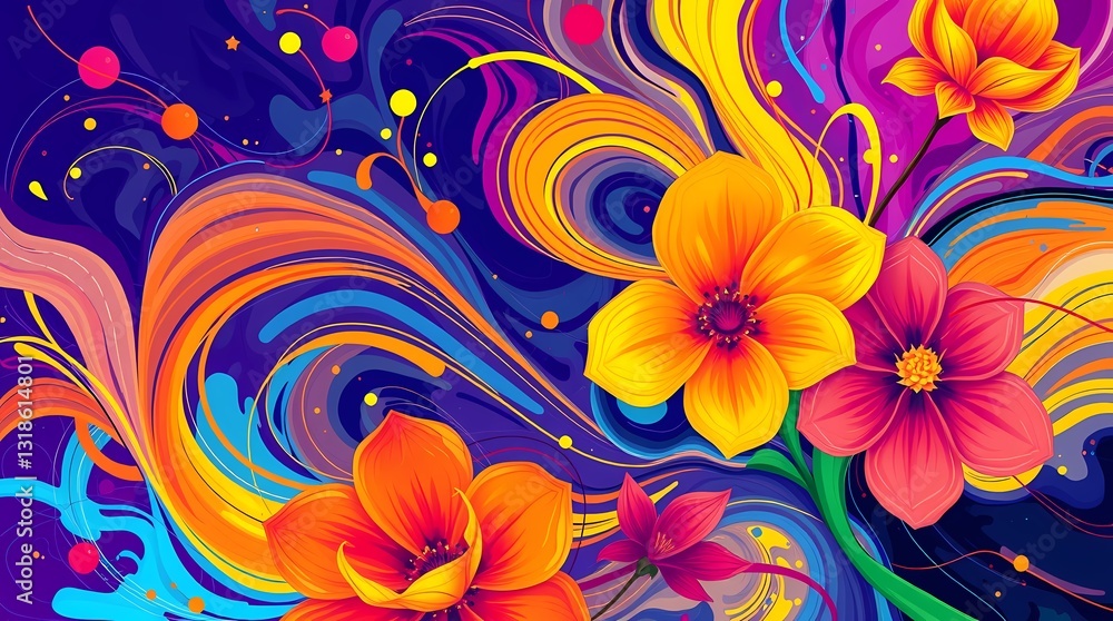Aufkleber burst of colors: vibrant flowers and flowing artistic swirls in a rainbow of colors, creating a joyf