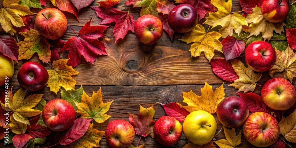 Poster A rustic autumnal scene with a frame of colorful leaves and ripe red apples on a weathered wooden surface