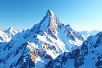 Obraz premium Jagged snow-capped peaks rise amidst blue winter sky, snow capped mountains, mountain peaks