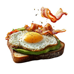 Fresh Avocado and Bacon Toast with Sunny Side Up Egg Isolated on Transparent Background