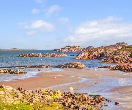 The beach at Fionnphort, Mull, Scotland with Iona in the background. Fionnphort is the ferry terminal for Iona.