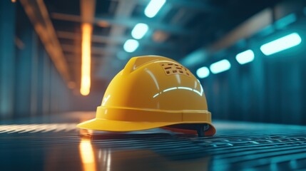 A Yellow Hard Hat Resting on a Metallic Surface in an Industrial Setting: Safety and Construction Theme