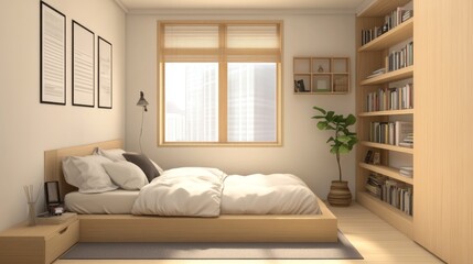 Fototapeta premium A cozy minimalist bedroom with light wood furniture, a platform bed, and a minimalistic bookshelf on the wall.