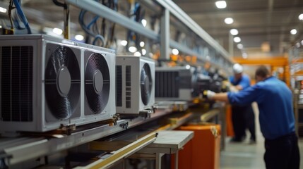 Fototapeta premium Manufacturing Air Conditioning Units Assembly Line Workers Industry Production Process