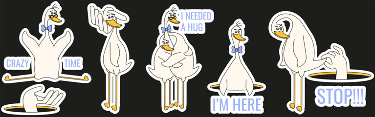 Funny bird Sticker Set isolated black background.  Goose with white Sticker outline collection. Vector patch template design.  EPS 10